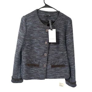 Mariella‎ Rosati Blue Tweed Wool Blend Fringe Pocket Button Front Jacket Small